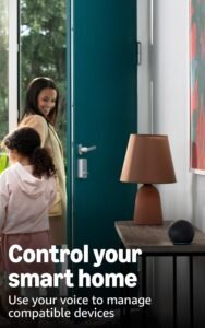 Family leaving the house with an Amazon Echo Dot smart speaker on a table by the door